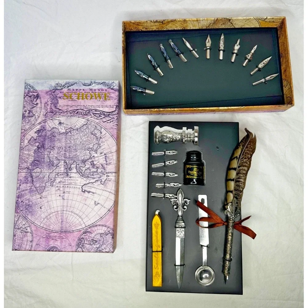 Calligraphy Set Feather Quill Dip Pen Ink 17 Nibs Wax Stamp Letter Opener